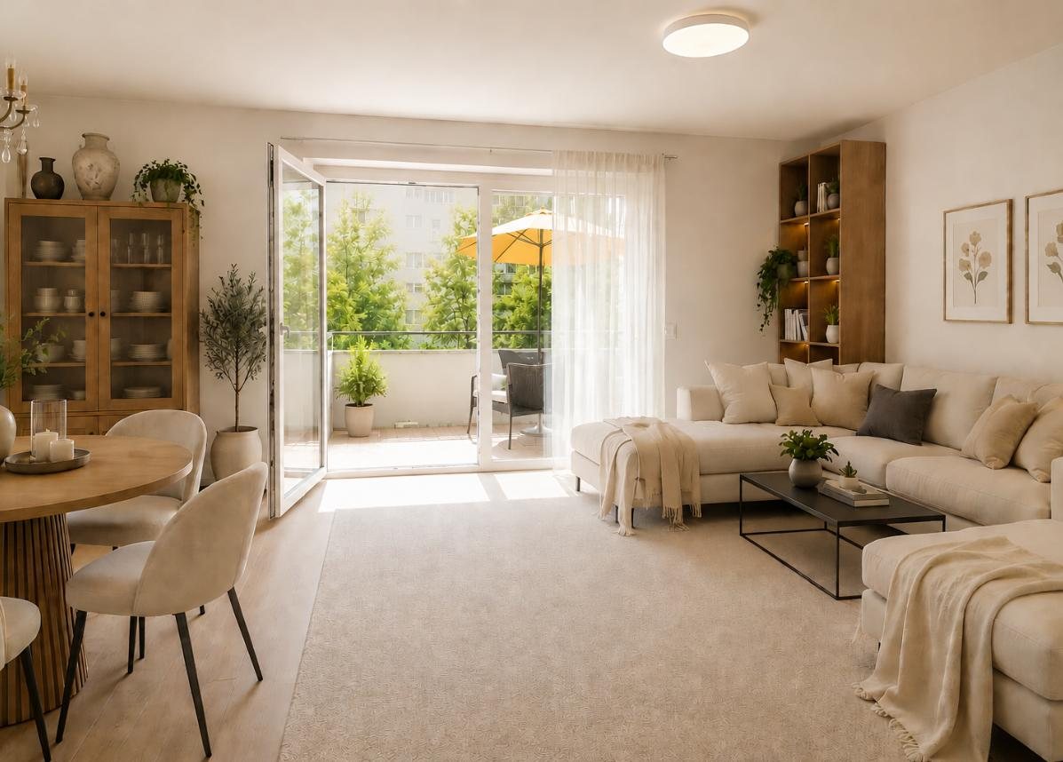 Wohn- und Essbereich mit Zugang zum Südwest-Balkon